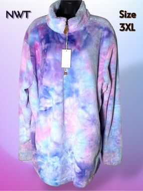 NWT She and Sho Icy Pastel Rainbow Tie Dye Plush Quarter-Zip Pullover – Size 3XL